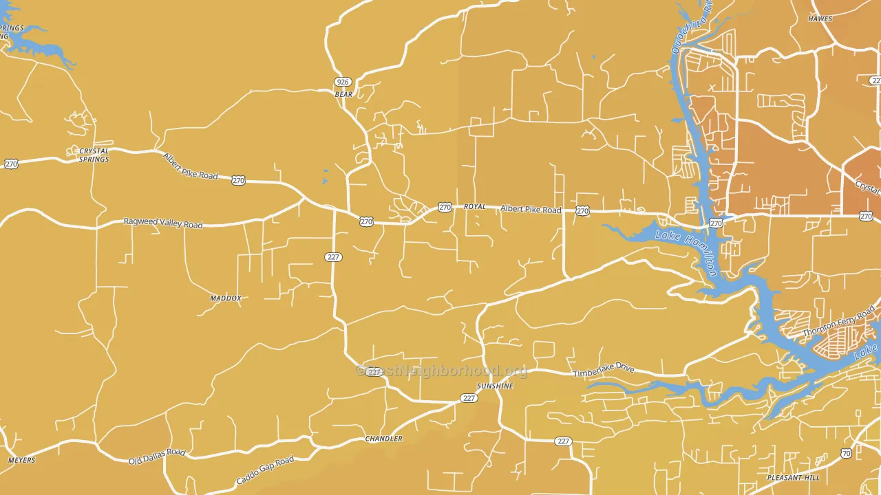 Map of the best neighborhoods in the 71968 area, with better matches in green and worse matches in red