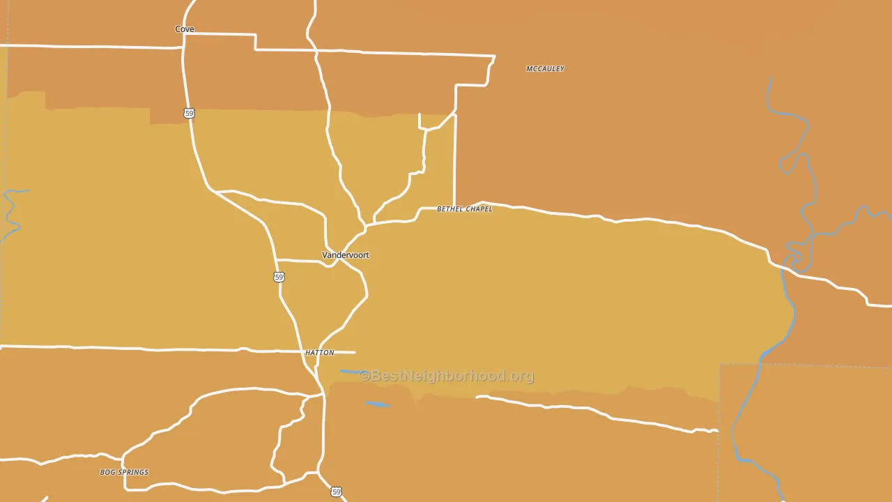Map of the best neighborhoods in the 71972 area, with better matches in green and worse matches in red