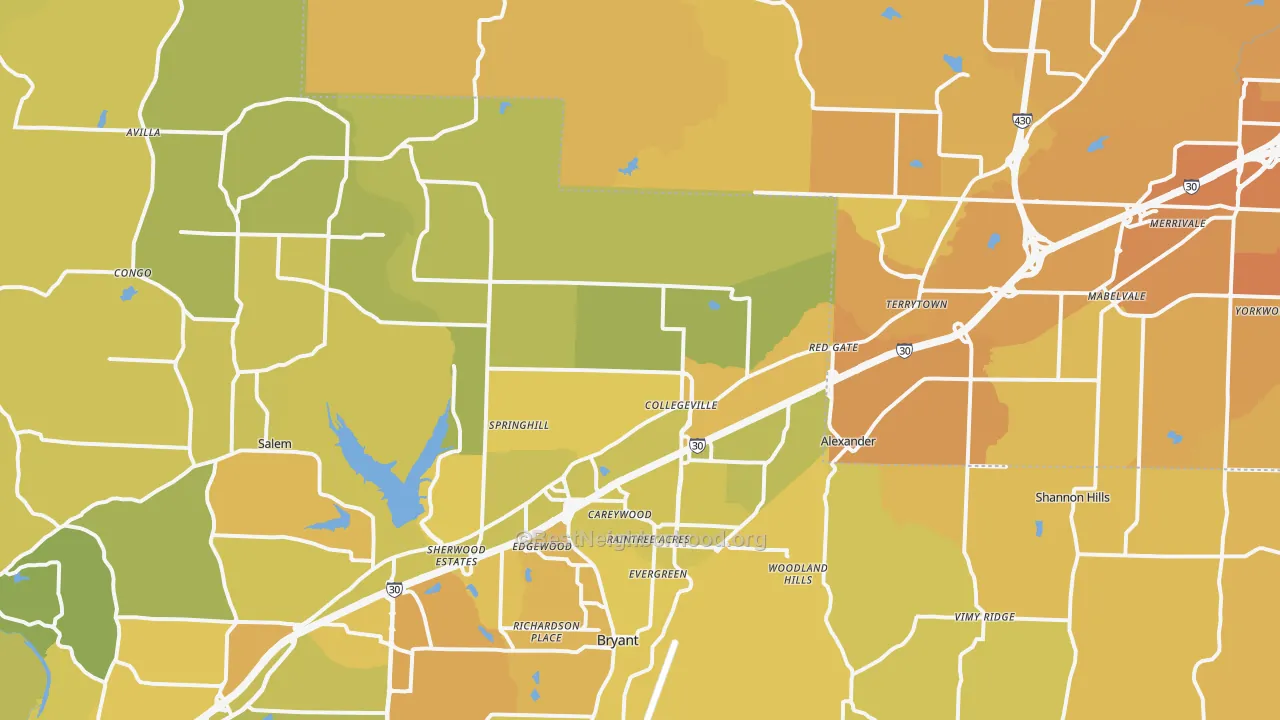 Map of the best neighborhoods in the 72002 area, with better matches in green and worse matches in red