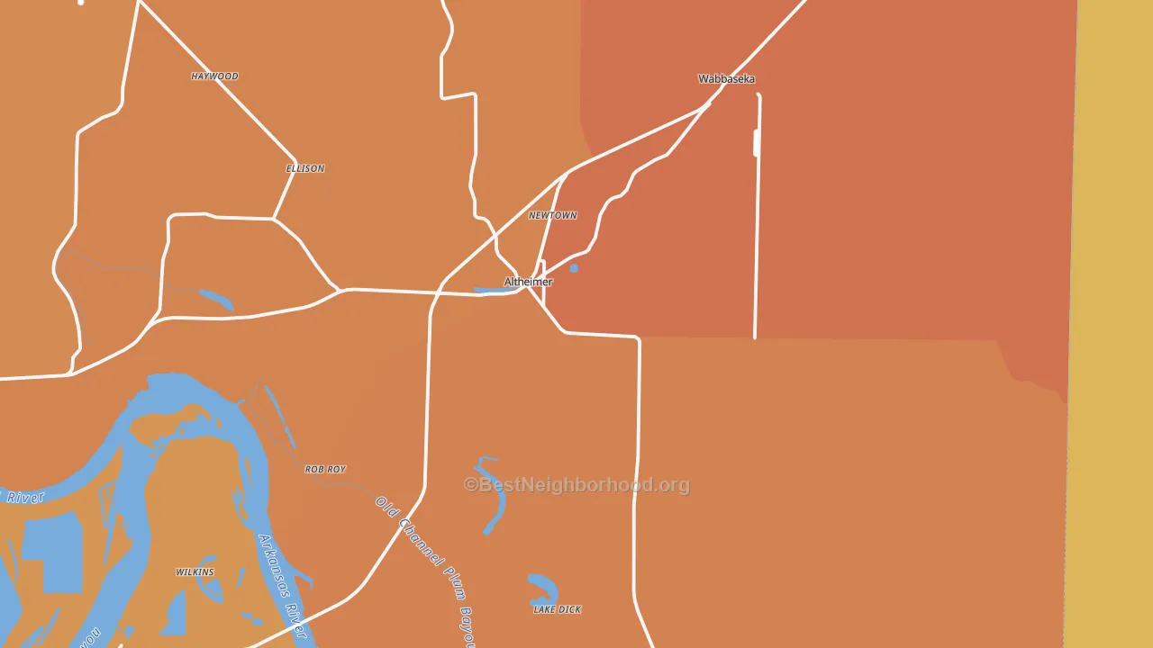 Map of the best neighborhoods in the 72004 area, with better matches in green and worse matches in red