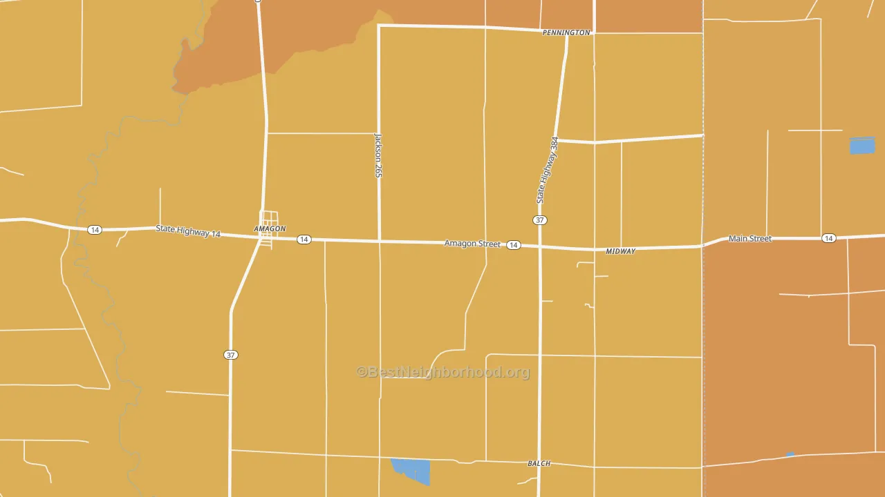 Map of the best neighborhoods in the 72005 area, with better matches in green and worse matches in red