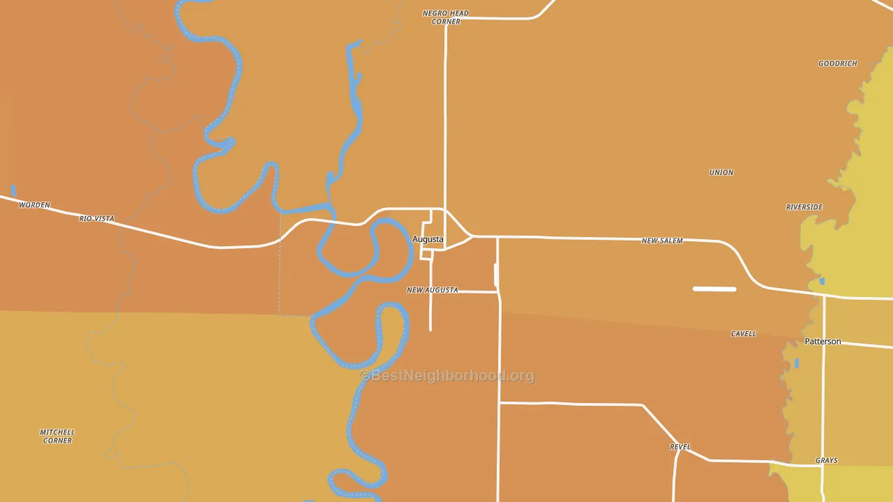 Map of the best neighborhoods in the 72006 area, with better matches in green and worse matches in red
