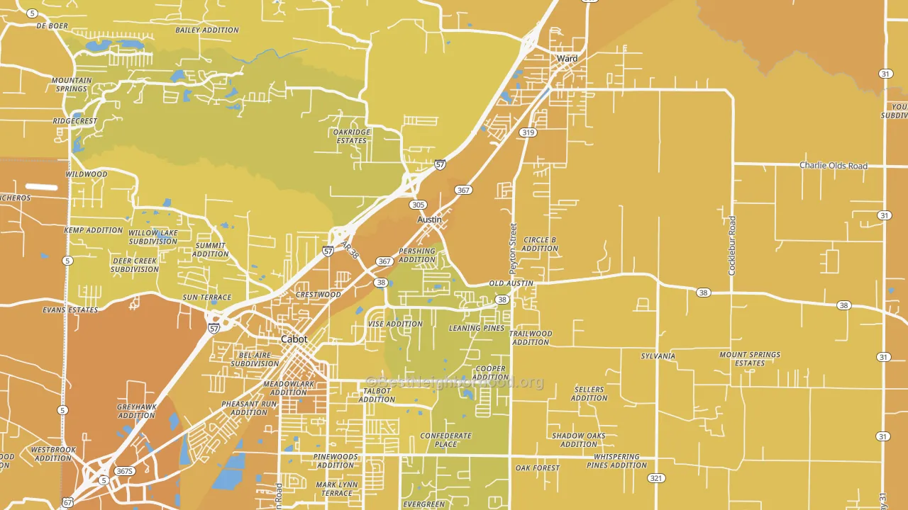 Map of the best neighborhoods in the 72007 area, with better matches in green and worse matches in red