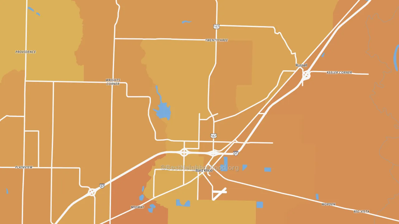Map of the best neighborhoods in the 72010 area, with better matches in green and worse matches in red