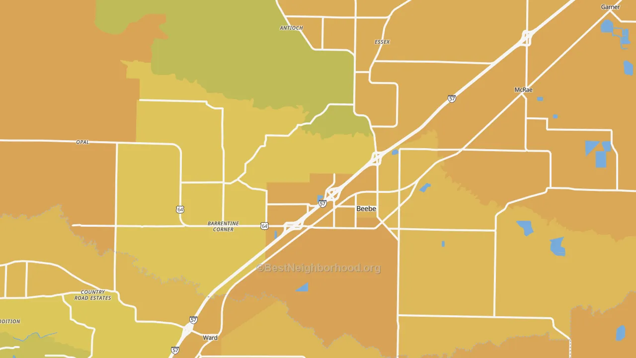 Map of the best neighborhoods in the 72012 area, with better matches in green and worse matches in red