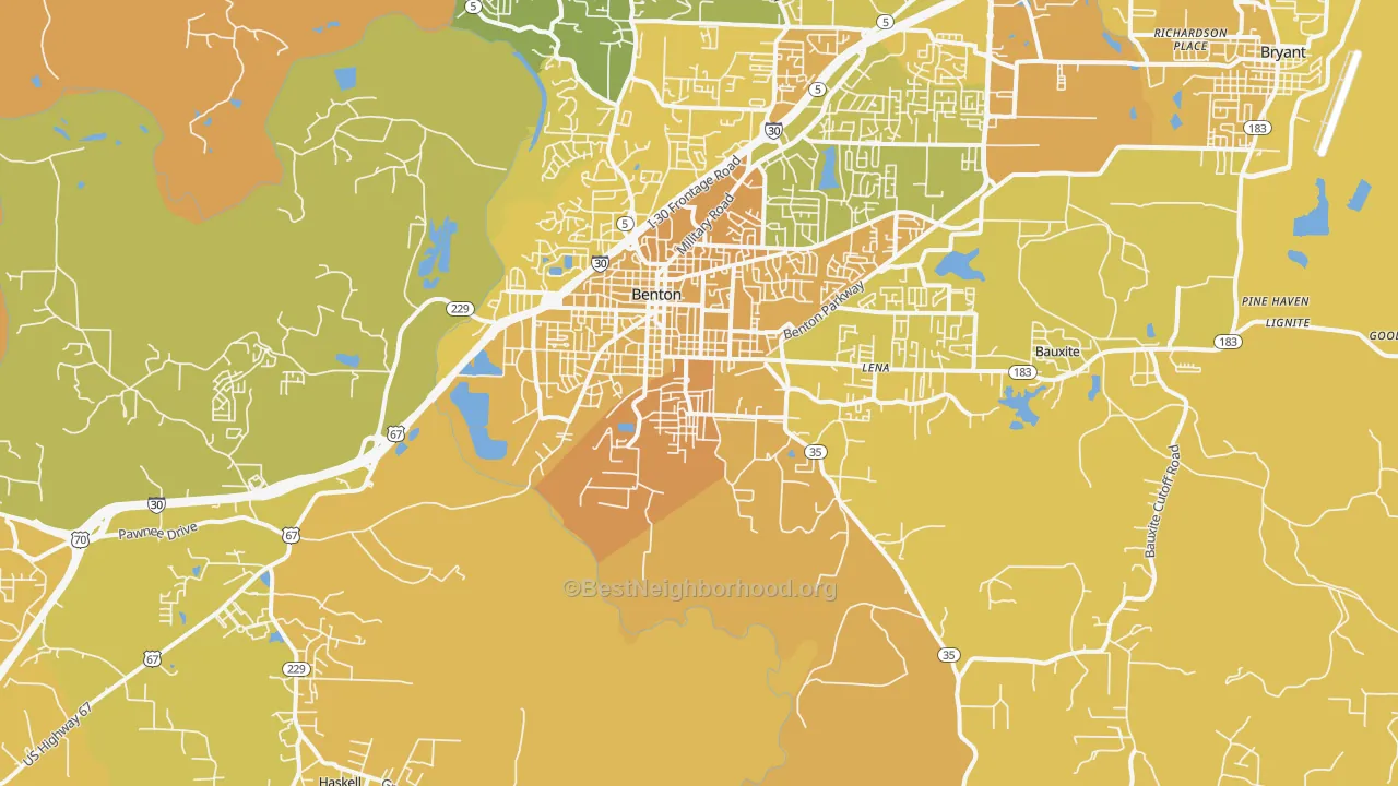 Map of the best neighborhoods in the 72015 area, with better matches in green and worse matches in red