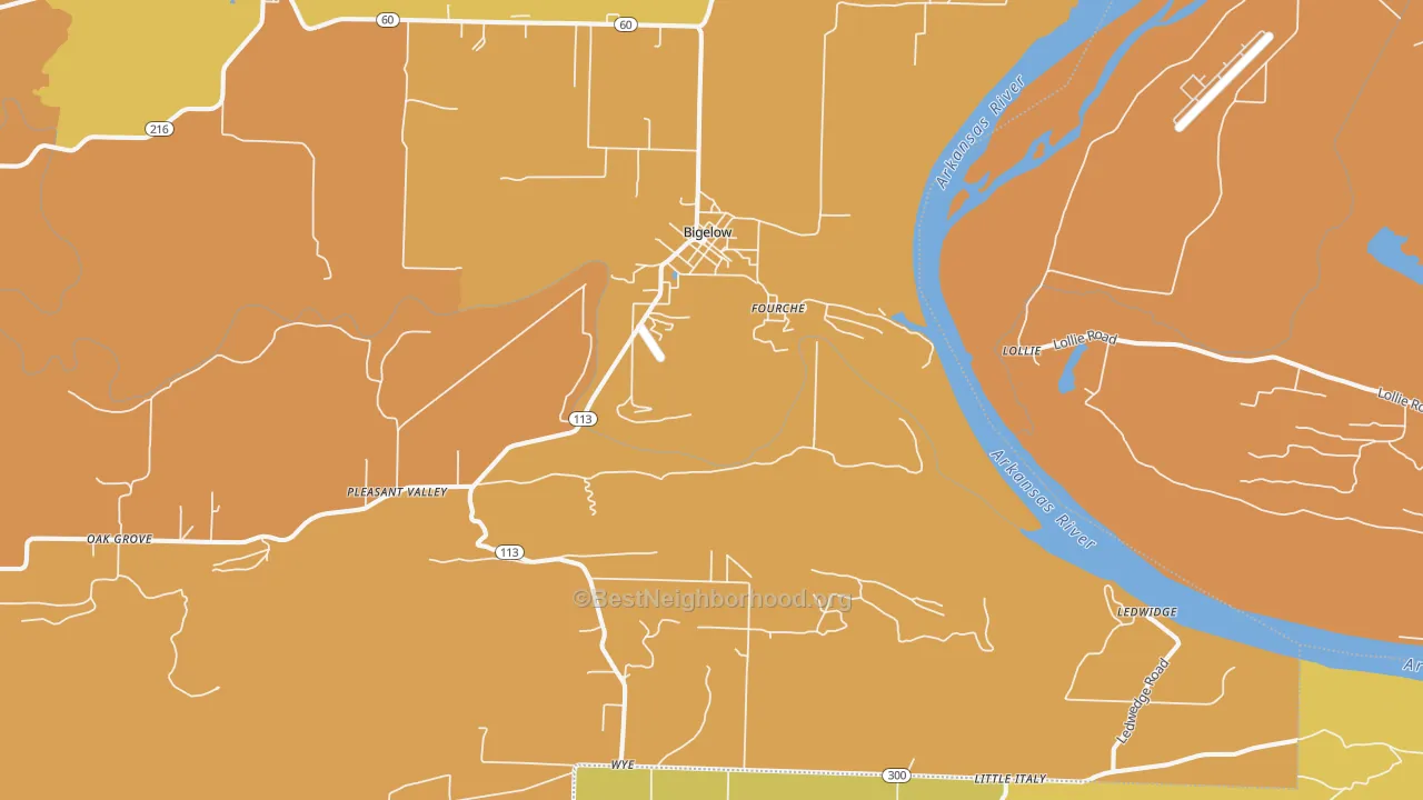 Map of the best neighborhoods in the 72016 area, with better matches in green and worse matches in red