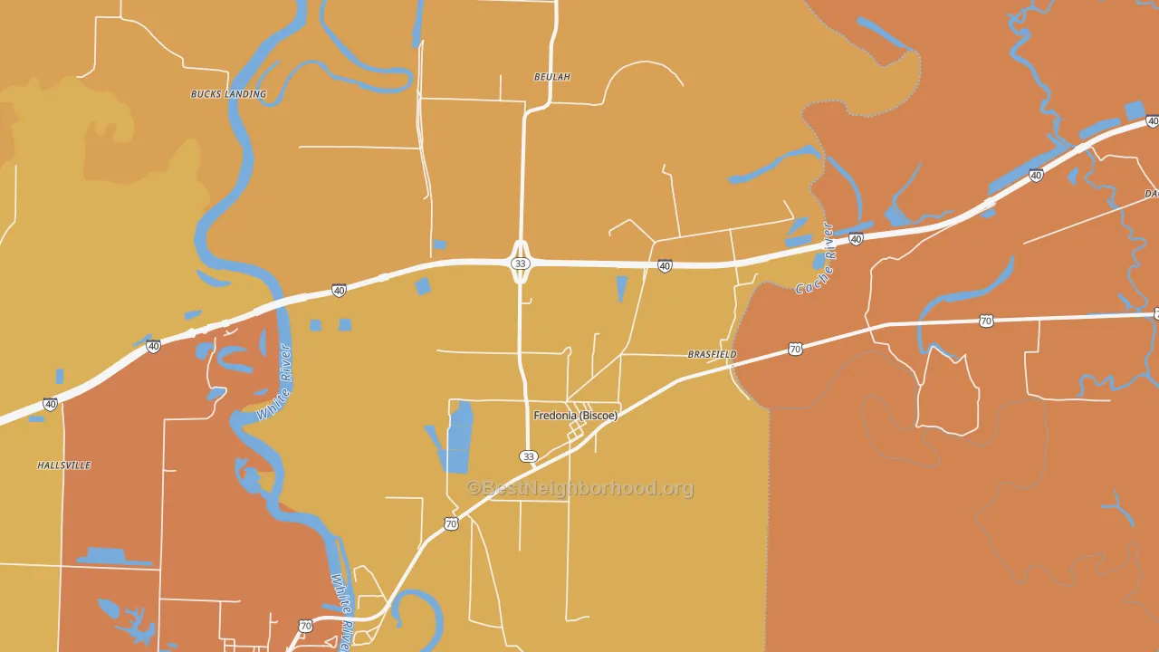 Map of the best neighborhoods in the 72017 area, with better matches in green and worse matches in red