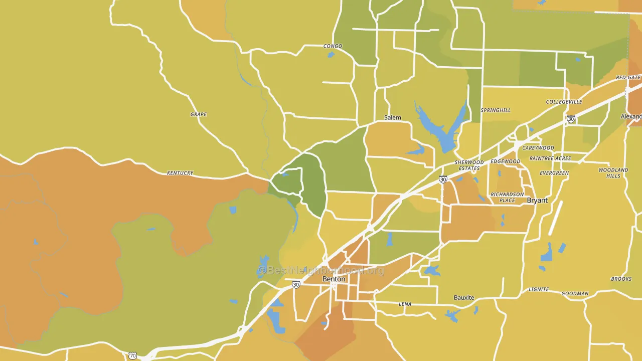 Map of the best neighborhoods in the 72019 area, with better matches in green and worse matches in red