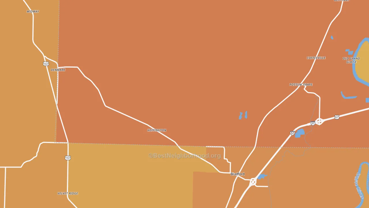 Map of the best neighborhoods in the 72020 area, with better matches in green and worse matches in red