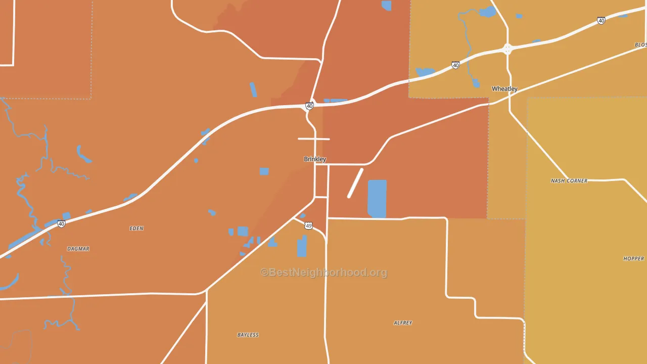 Map of the best neighborhoods in the 72021 area, with better matches in green and worse matches in red