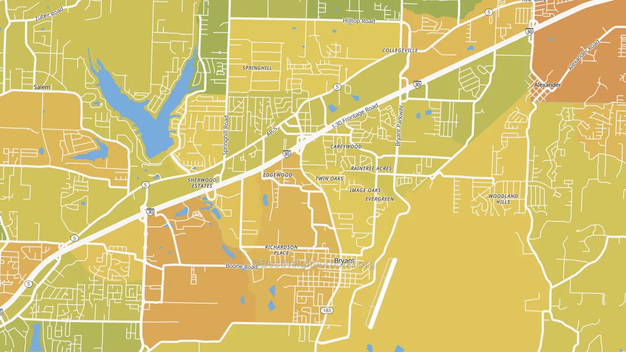 Map of the best neighborhoods in the 72022 area, with better matches in green and worse matches in red