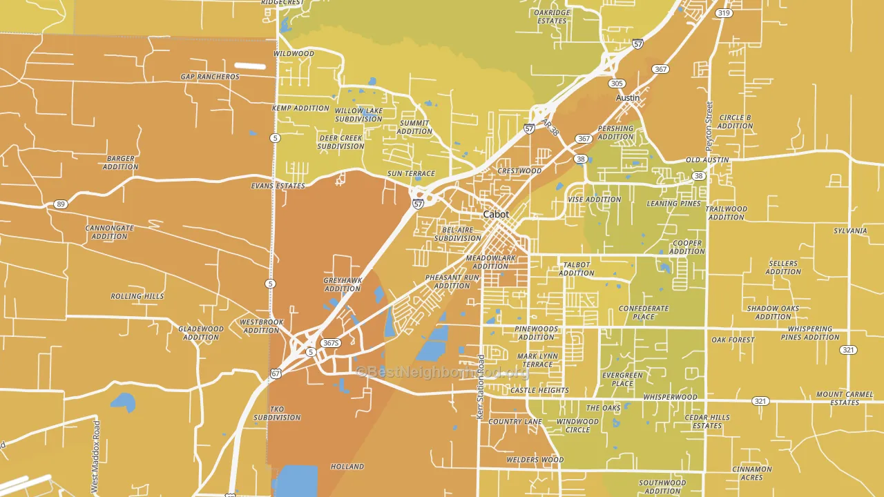Map of the best neighborhoods in the 72023 area, with better matches in green and worse matches in red