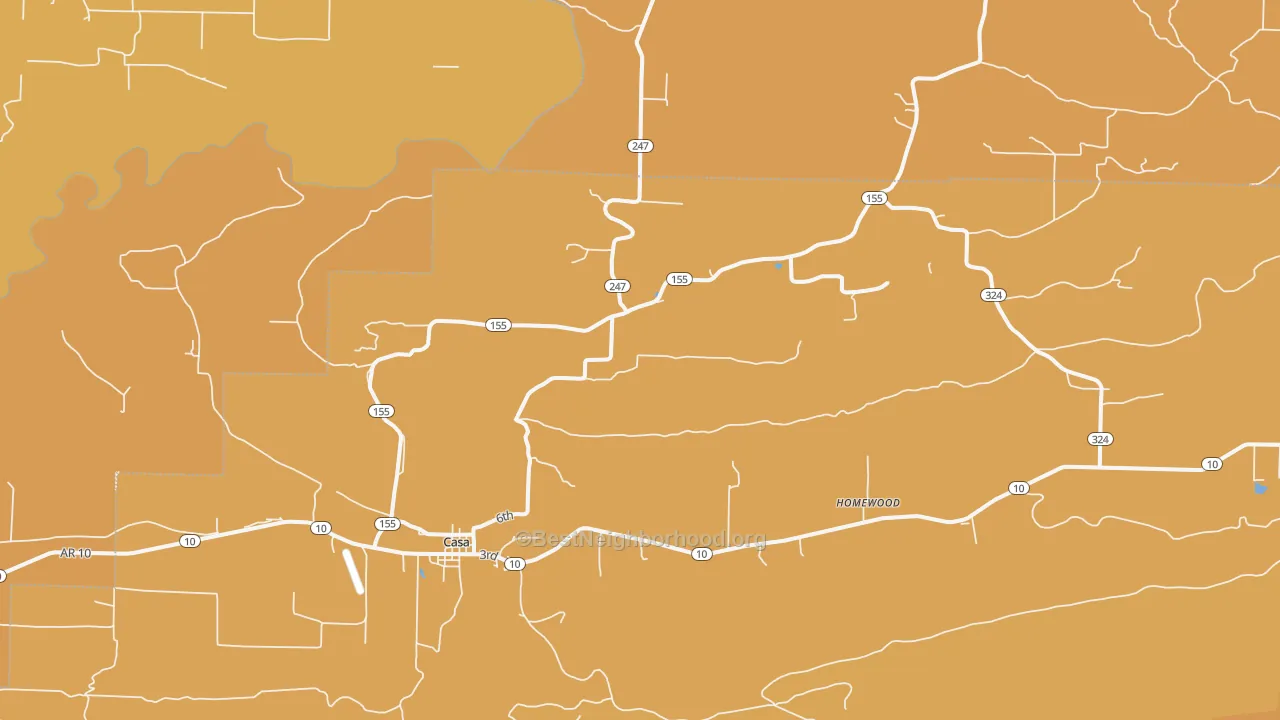 Map of the best neighborhoods in the 72025 area, with better matches in green and worse matches in red