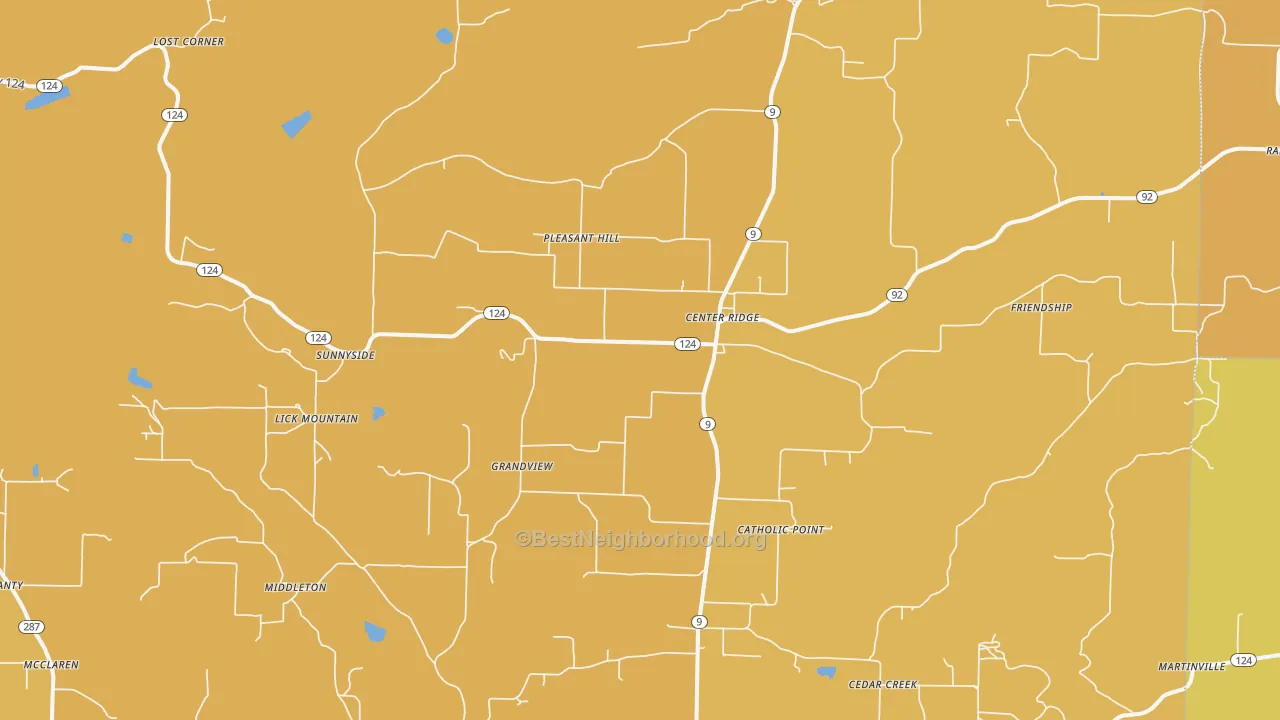 Map of the best neighborhoods in the 72027 area, with better matches in green and worse matches in red