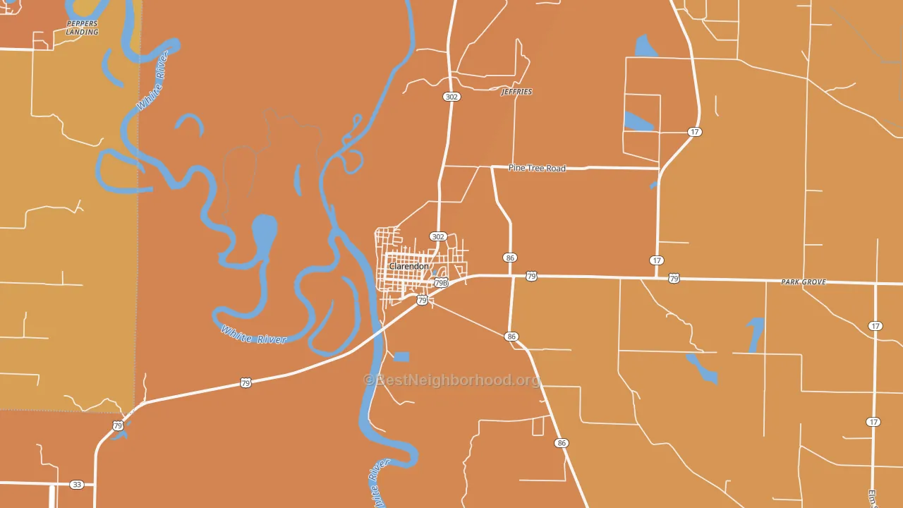 Map of the best neighborhoods in the 72029 area, with better matches in green and worse matches in red