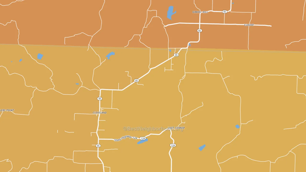 Map of the best neighborhoods in the 72030 area, with better matches in green and worse matches in red