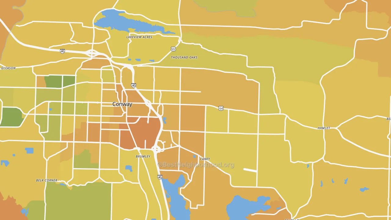 Map of the best neighborhoods in the 72032 area, with better matches in green and worse matches in red