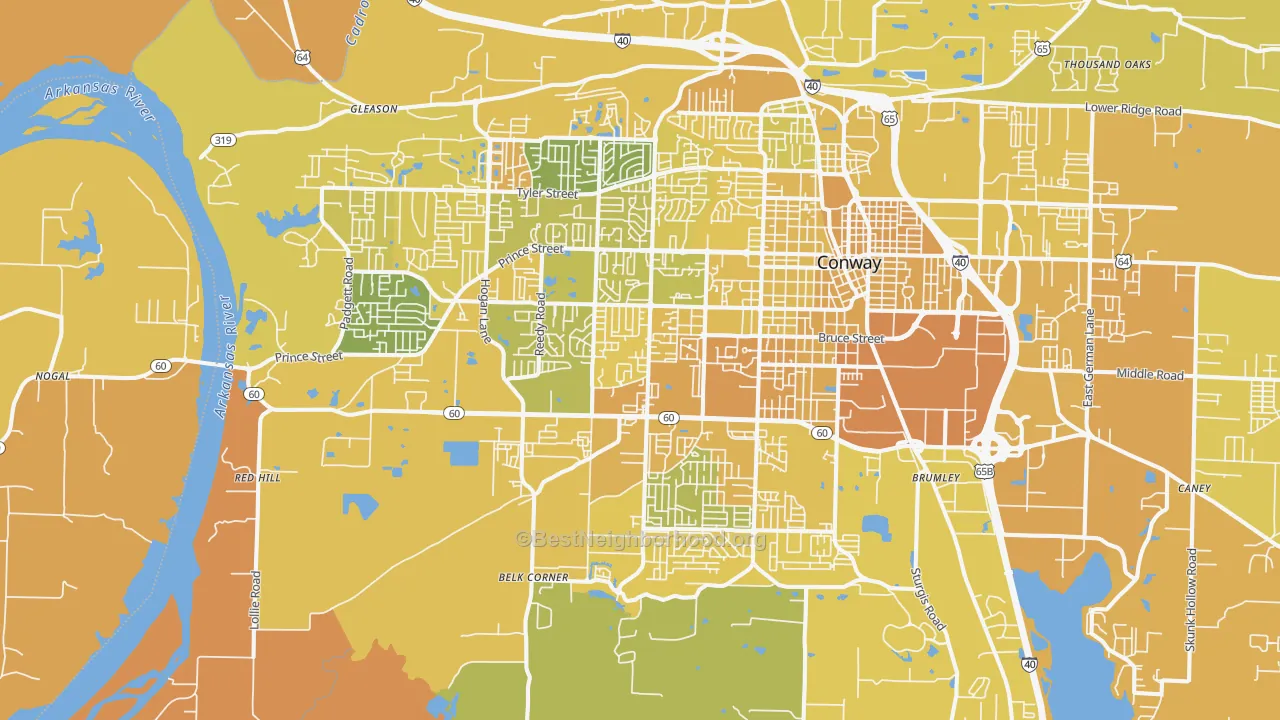 Map of the best neighborhoods in the 72034 area, with better matches in green and worse matches in red