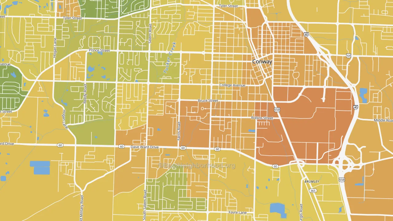 Map of the best neighborhoods in the 72035 area, with better matches in green and worse matches in red
