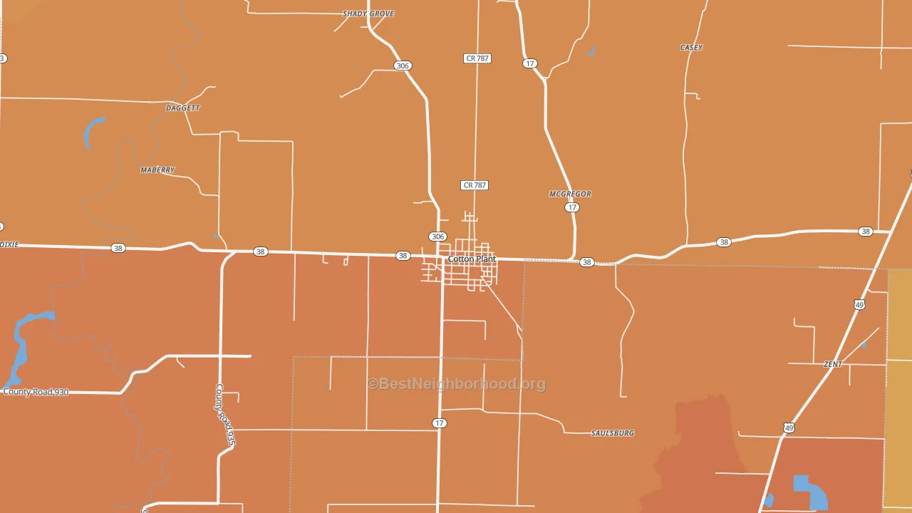 Map of the best neighborhoods in the 72036 area, with better matches in green and worse matches in red