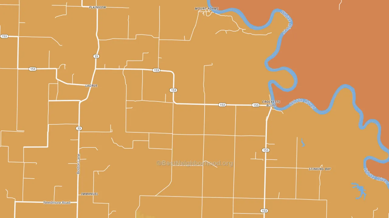 Map of the best neighborhoods in the 72038 area, with better matches in green and worse matches in red