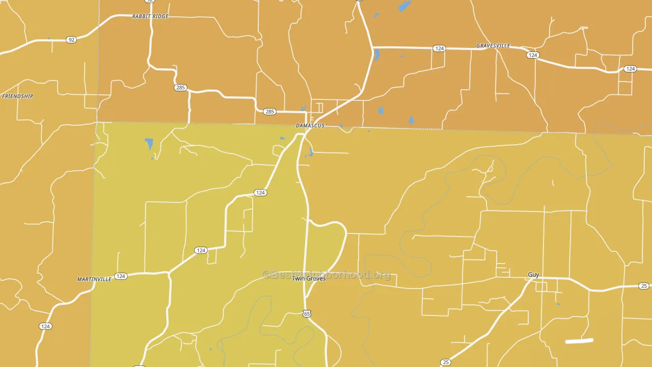 Map of the best neighborhoods in the 72039 area, with better matches in green and worse matches in red