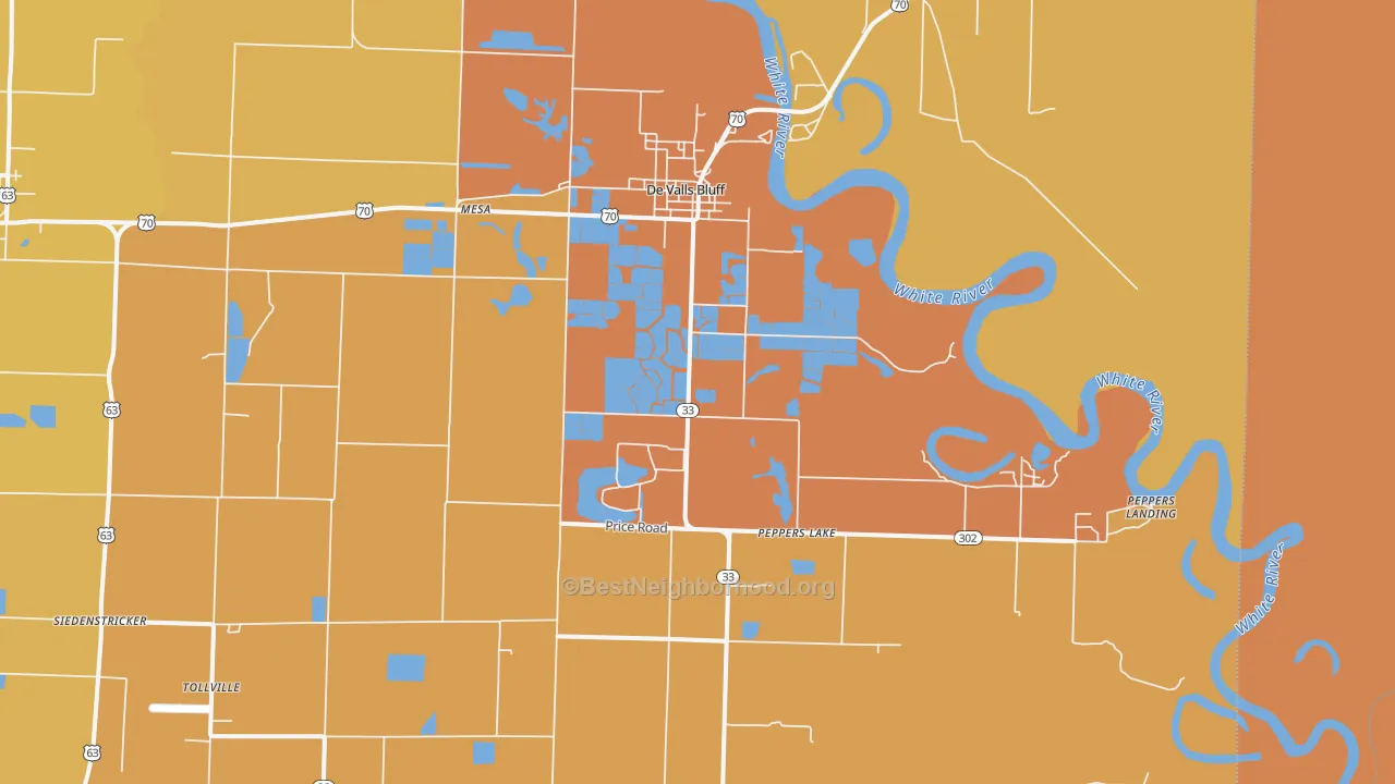 Map of the best neighborhoods in the 72041 area, with better matches in green and worse matches in red
