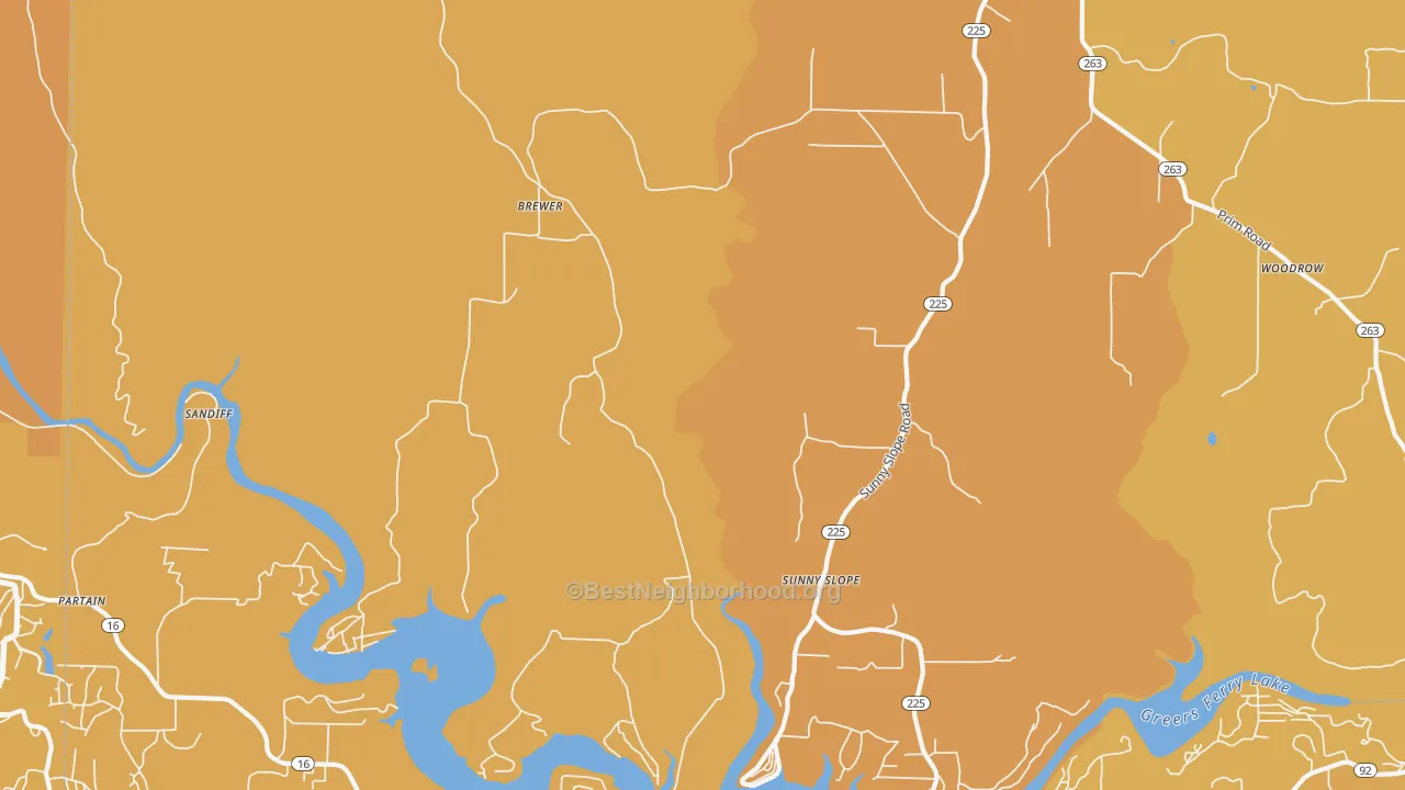 Map of the best neighborhoods in the 72044 area, with better matches in green and worse matches in red