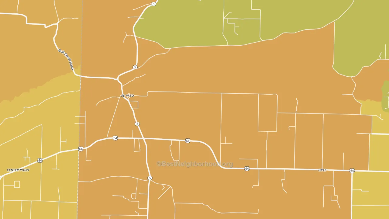 Map of the best neighborhoods in the 72045 area, with better matches in green and worse matches in red