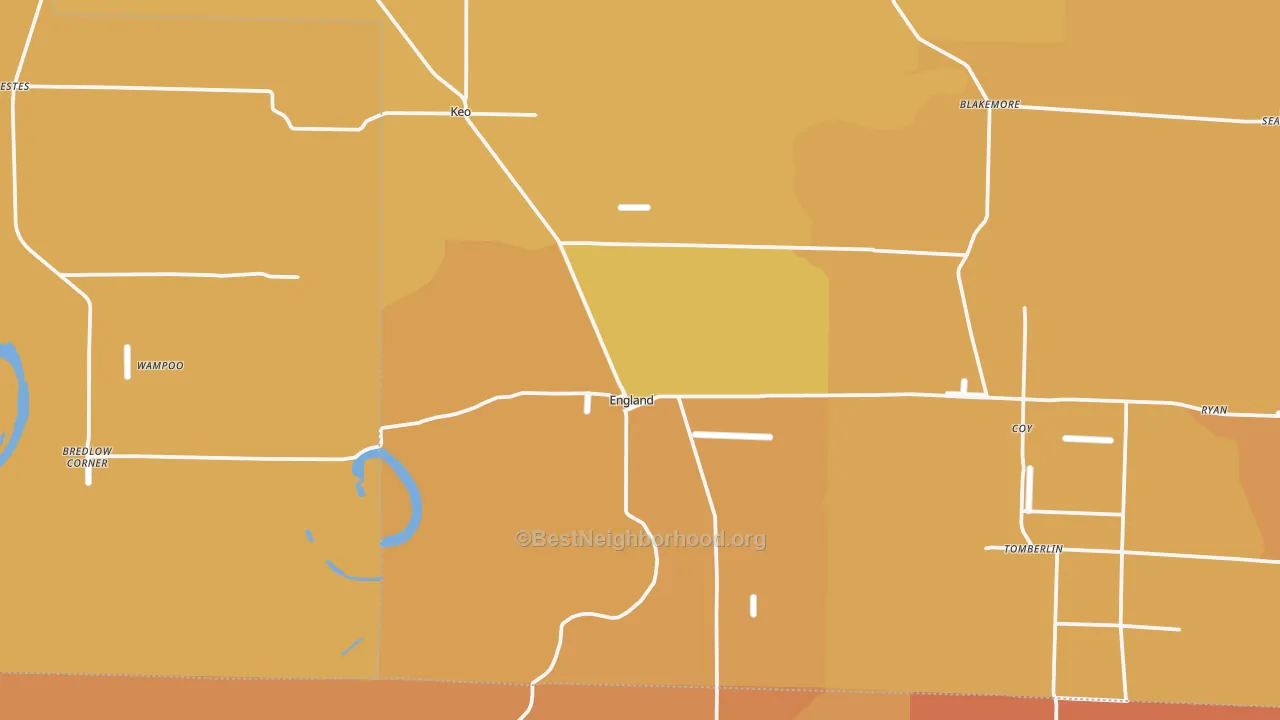 Map of the best neighborhoods in the 72046 area, with better matches in green and worse matches in red
