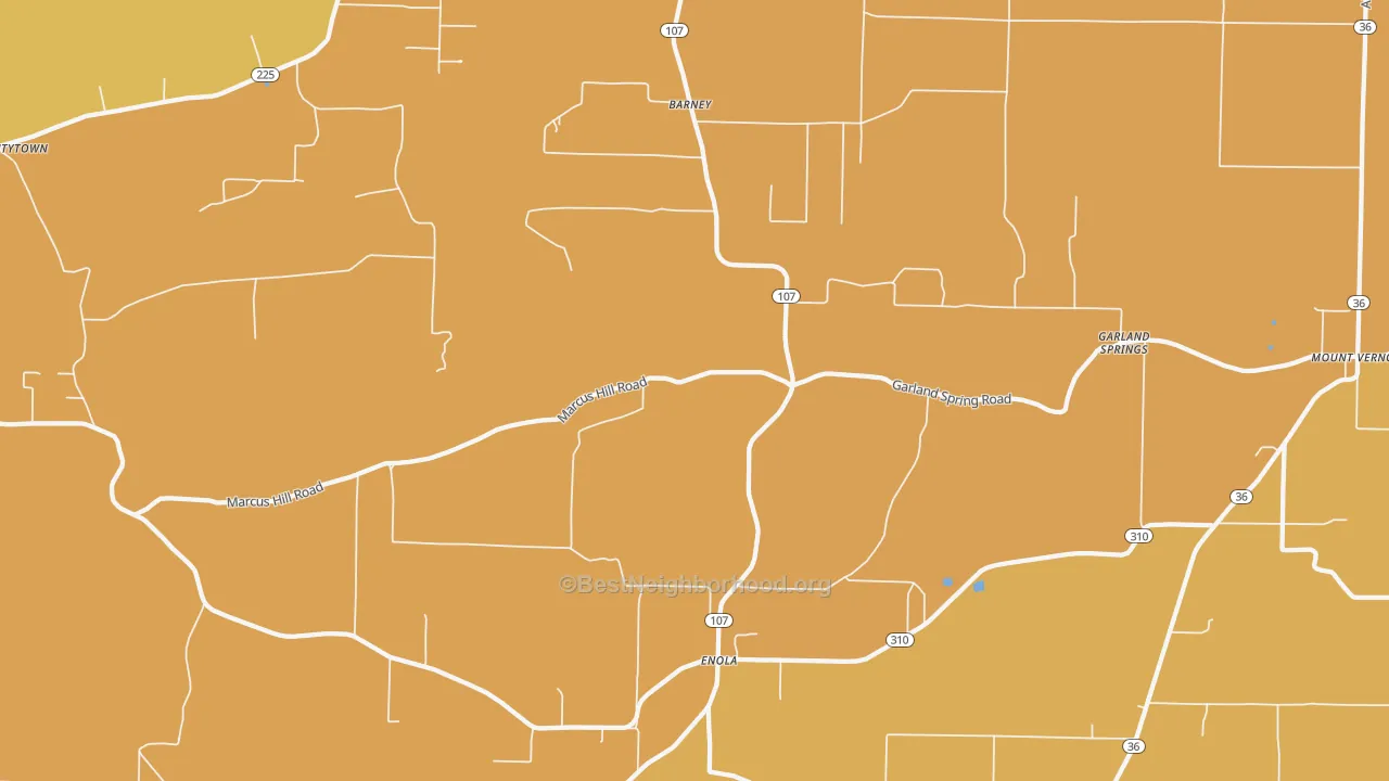 Map of the best neighborhoods in the 72047 area, with better matches in green and worse matches in red