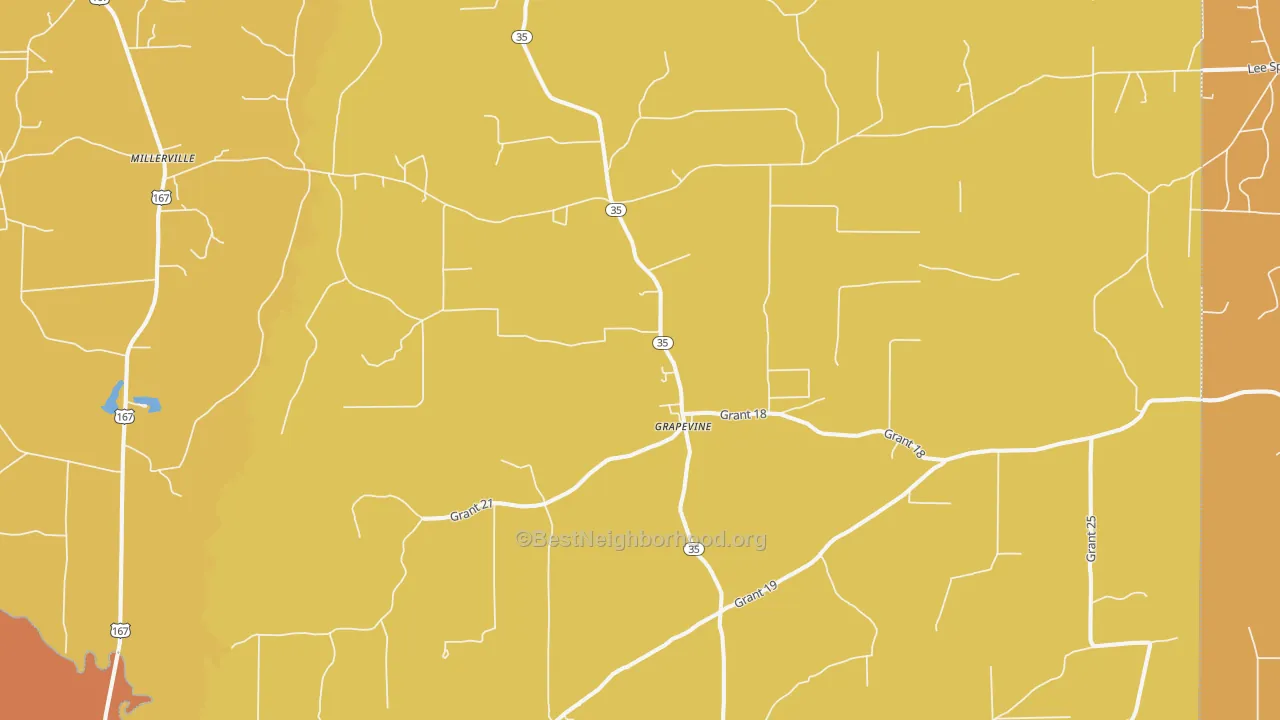 Map of the best neighborhoods in the 72057 area, with better matches in green and worse matches in red