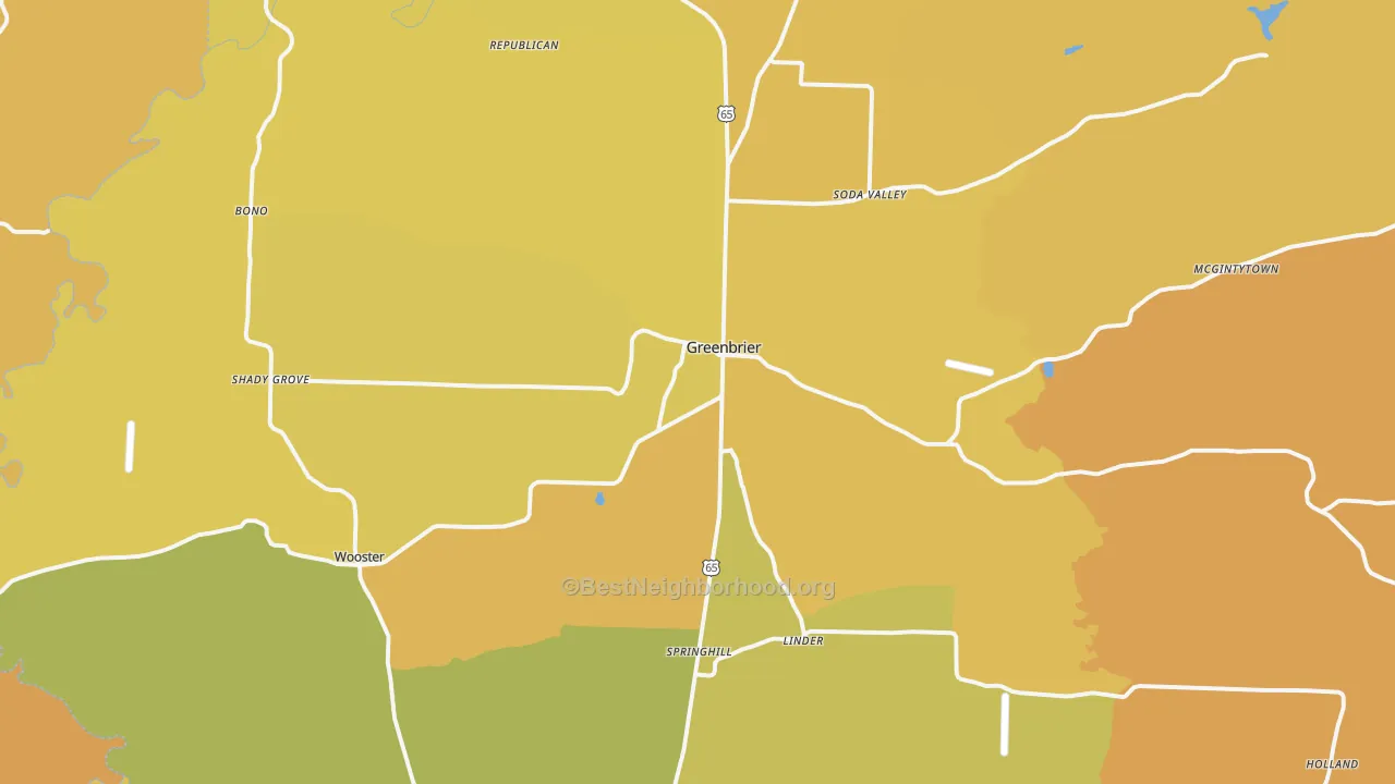 Map of the best neighborhoods in the 72058 area, with better matches in green and worse matches in red