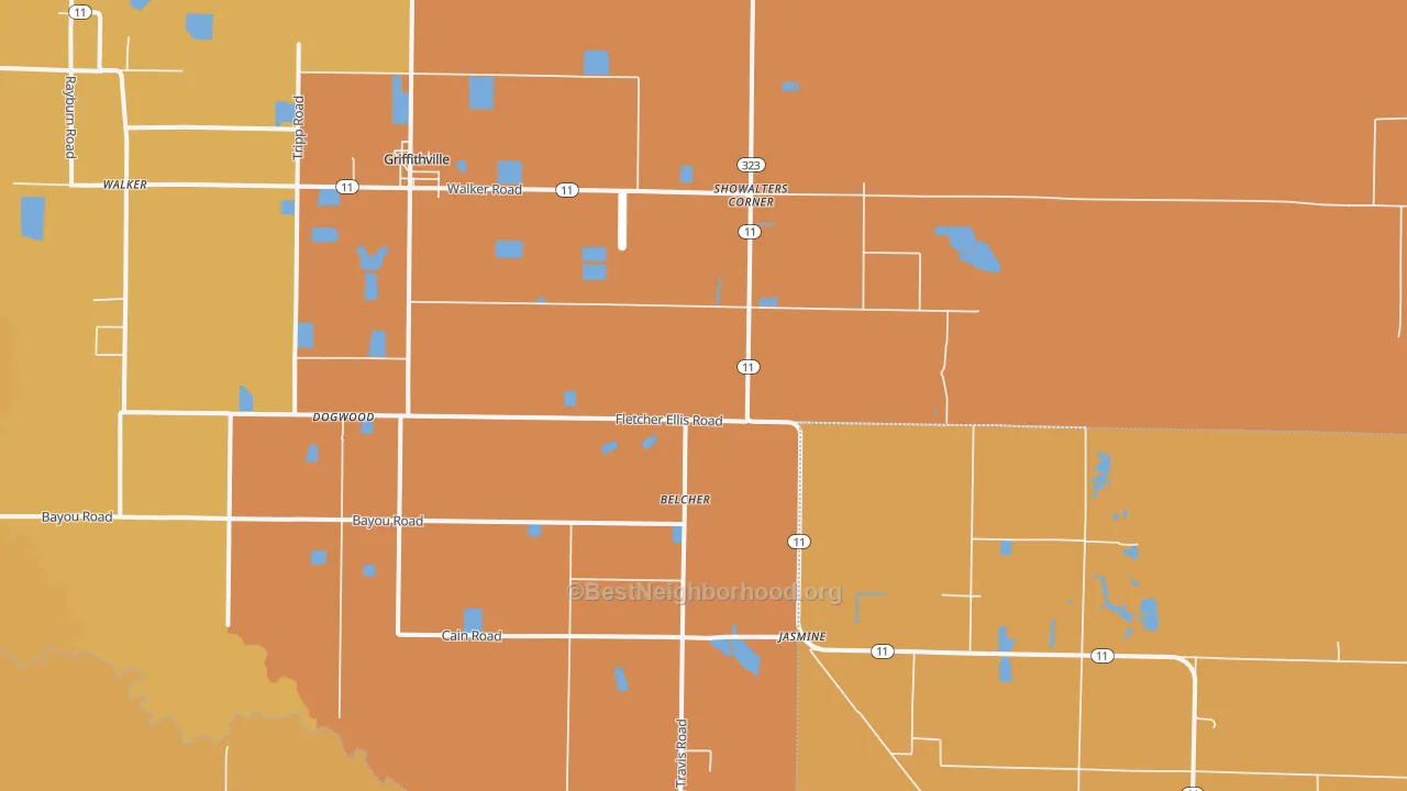Map of the best neighborhoods in the 72060 area, with better matches in green and worse matches in red