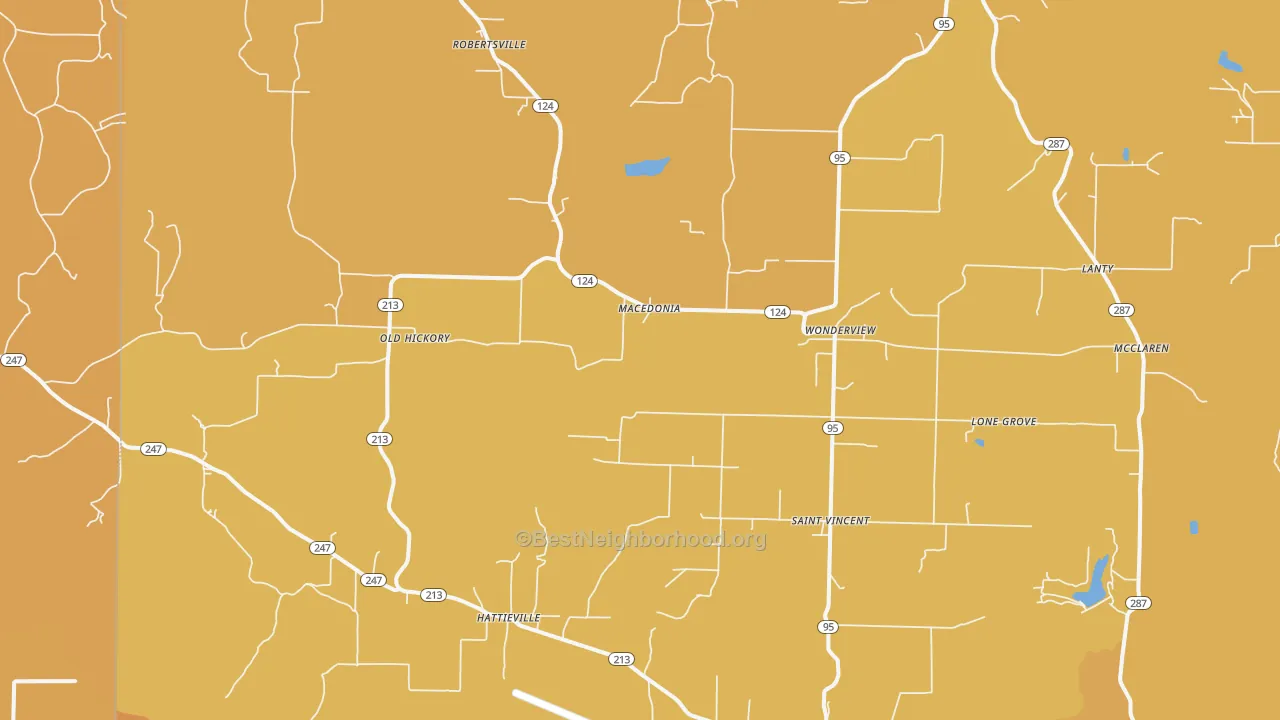Map of the best neighborhoods in the 72063 area, with better matches in green and worse matches in red