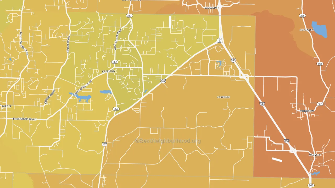 Map of the best neighborhoods in the 72065 area, with better matches in green and worse matches in red