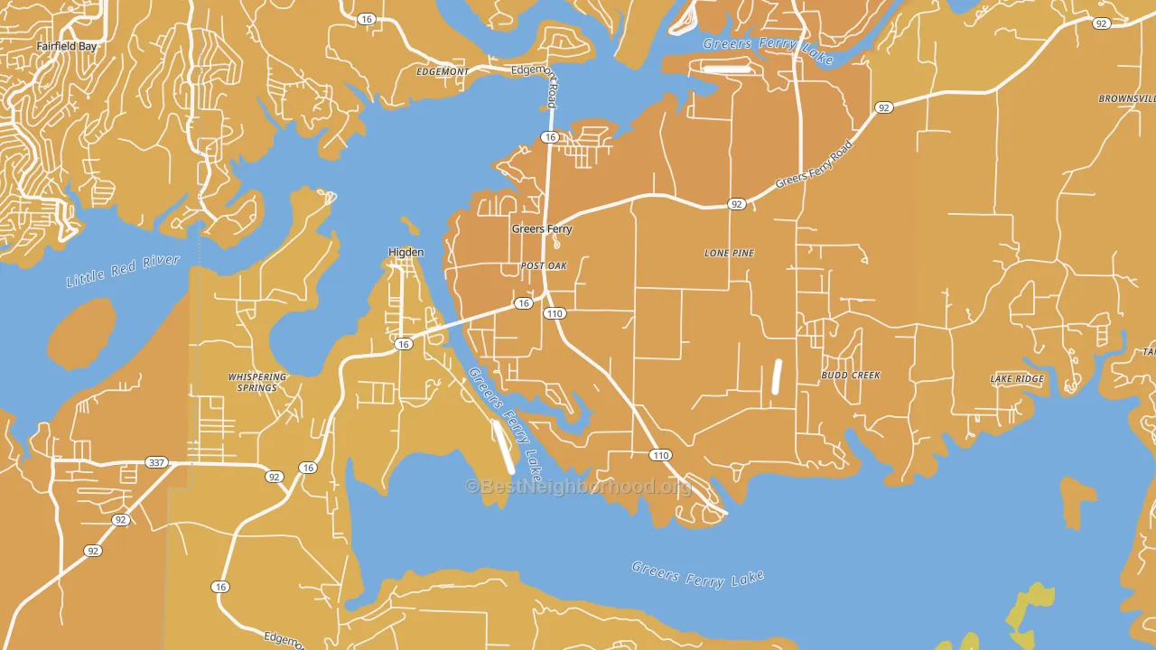 Map of the best neighborhoods in the 72067 area, with better matches in green and worse matches in red
