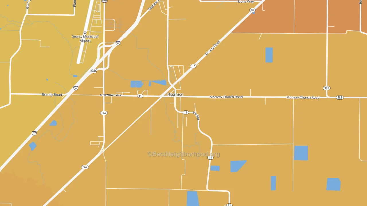 Map of the best neighborhoods in the 72068 area, with better matches in green and worse matches in red