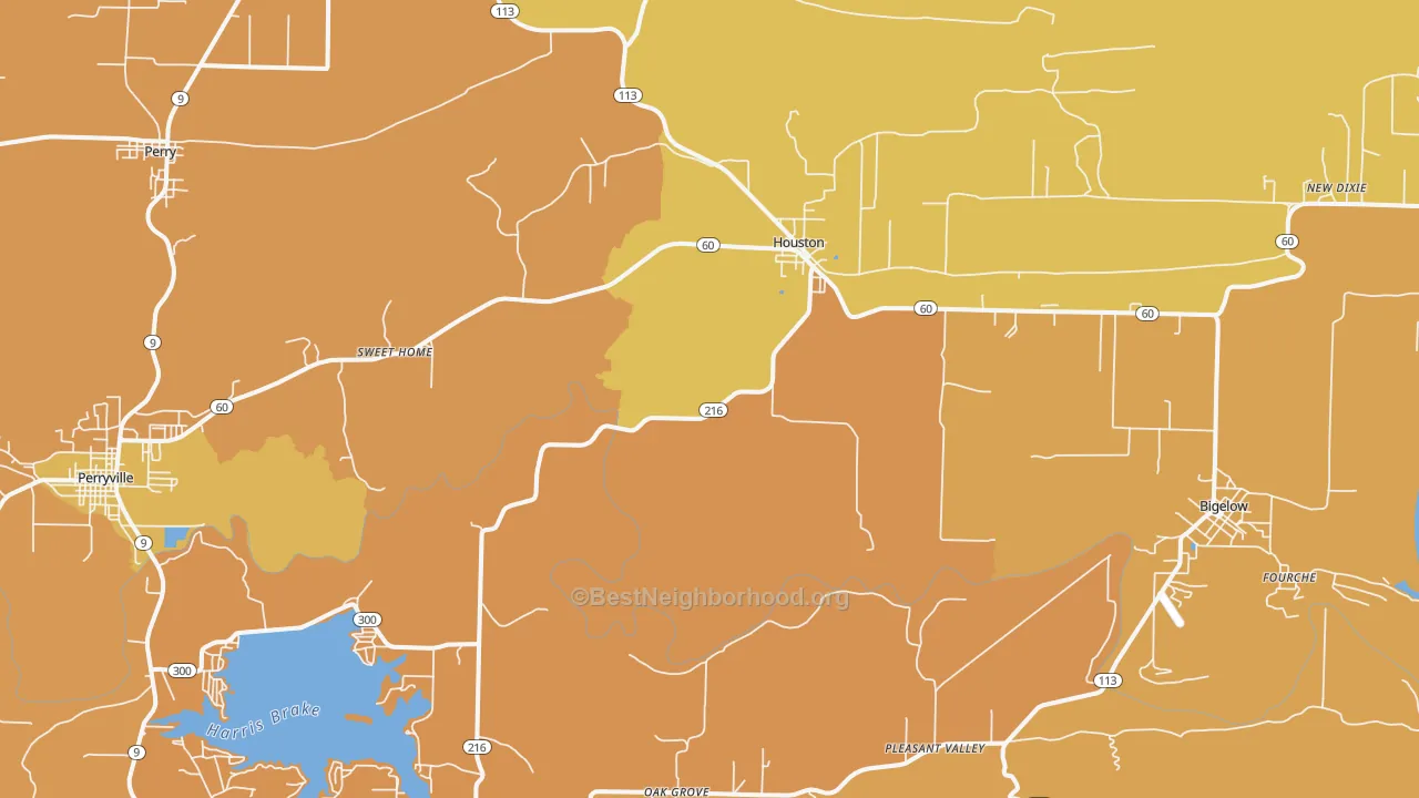 Map of the best neighborhoods in the 72070 area, with better matches in green and worse matches in red