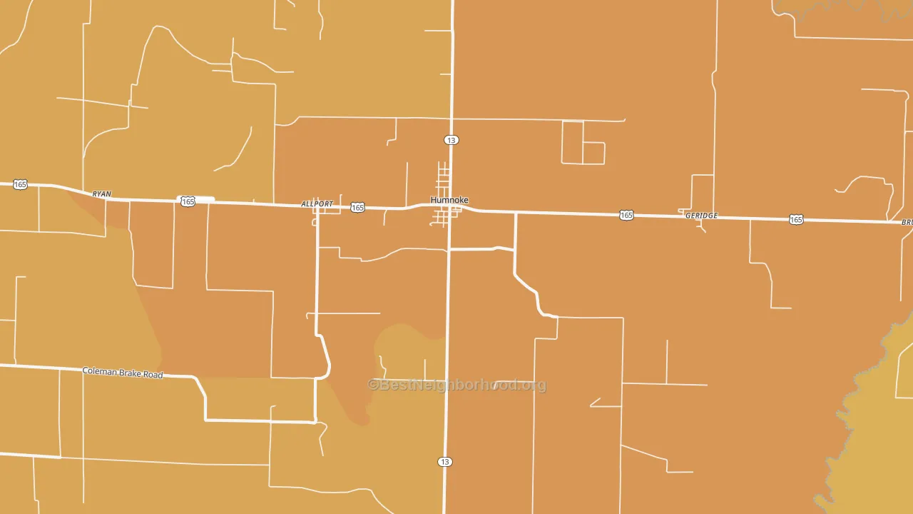 Map of the best neighborhoods in the 72072 area, with better matches in green and worse matches in red