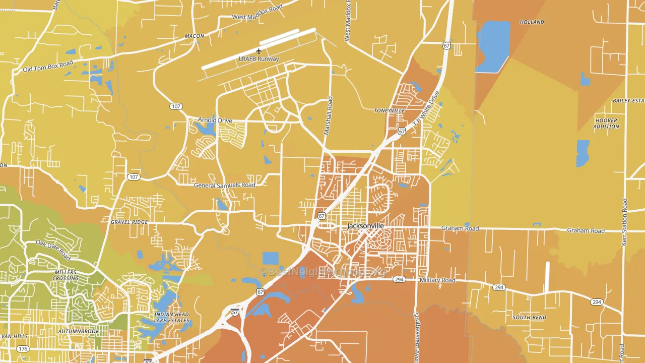 Map of the best neighborhoods in the 72076 area, with better matches in green and worse matches in red