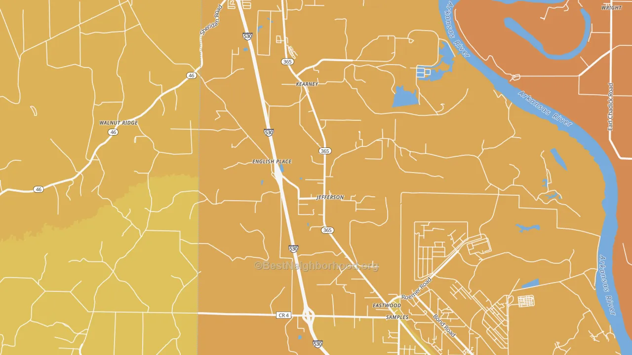 Map of the best neighborhoods in the 72079 area, with better matches in green and worse matches in red