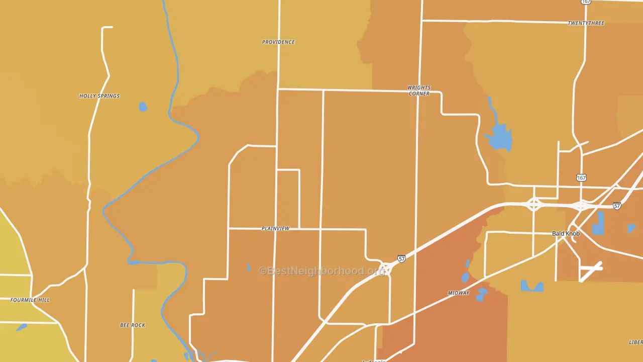 Map of the best neighborhoods in the 72081 area, with better matches in green and worse matches in red