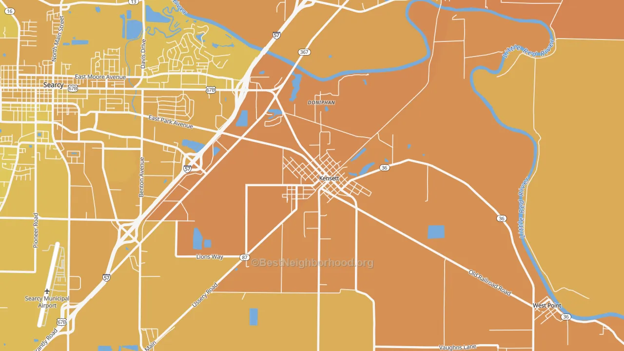 Map of the best neighborhoods in the 72082 area, with better matches in green and worse matches in red