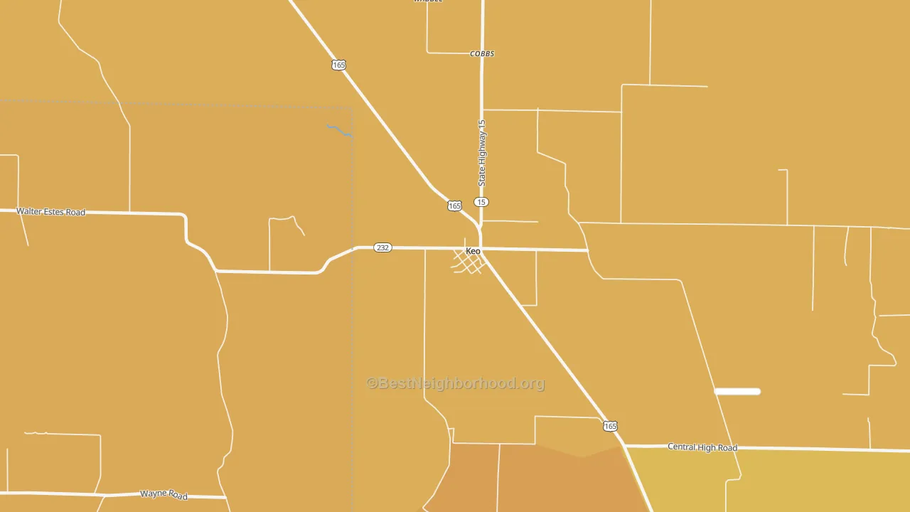 Map of the best neighborhoods in the 72083 area, with better matches in green and worse matches in red