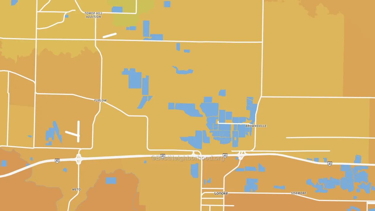 Map of the best neighborhoods in the 72086 area, with better matches in green and worse matches in red