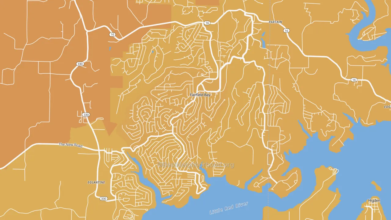 Map of the best neighborhoods in the 72088 area, with better matches in green and worse matches in red