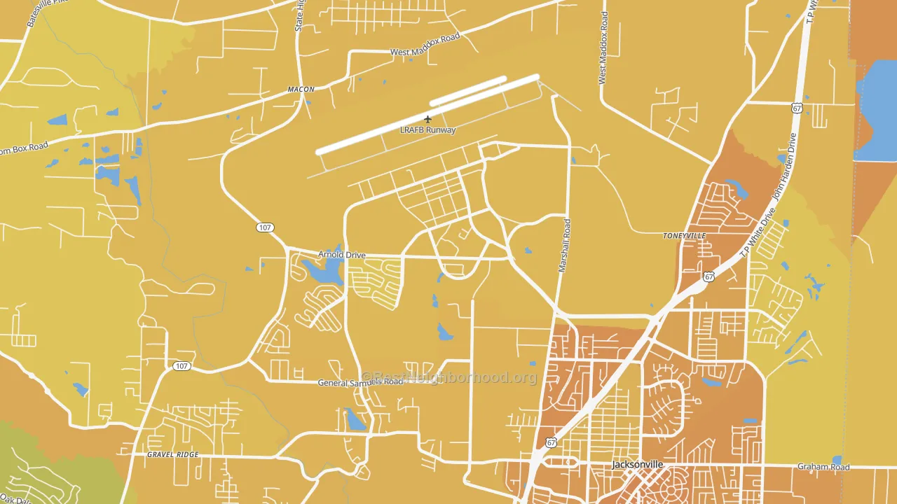 Map of the best neighborhoods in the 72099 area, with better matches in green and worse matches in red