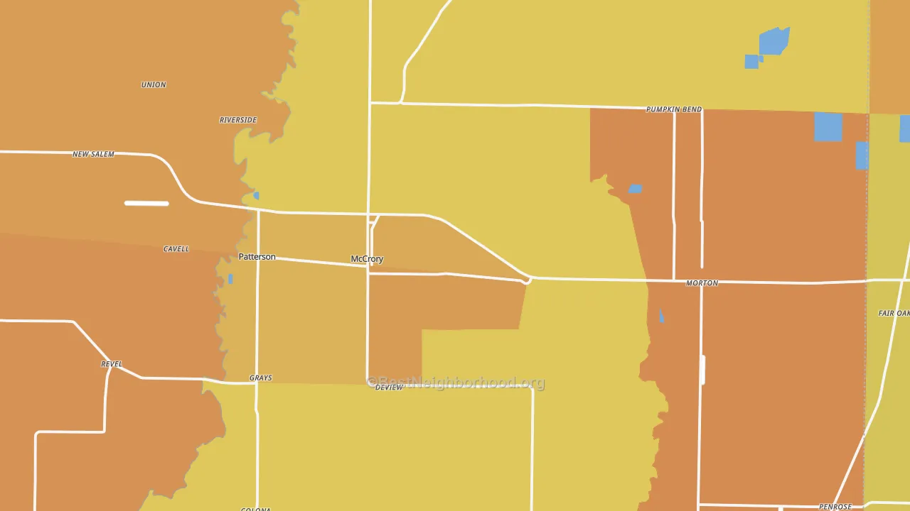 Map of the best neighborhoods in the 72101 area, with better matches in green and worse matches in red